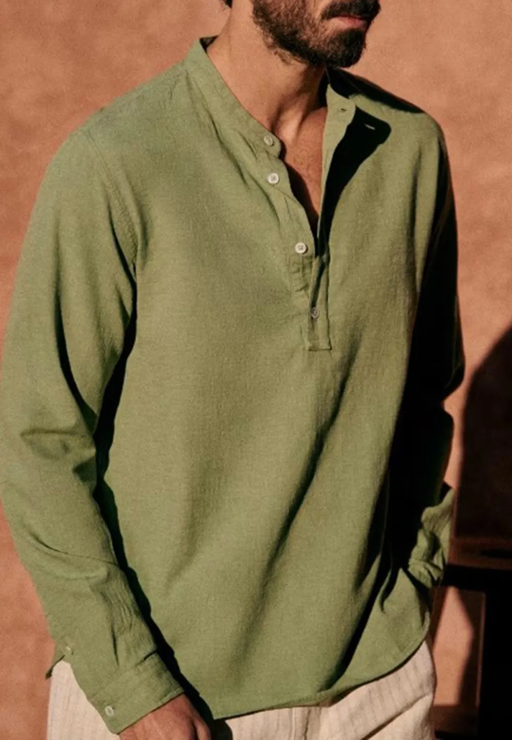Olive Green Mandarin Collar Henley Shirt