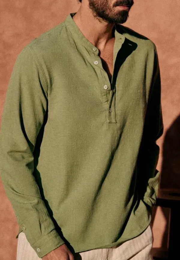 Olive Green Mandarin Collar Henley Shirt