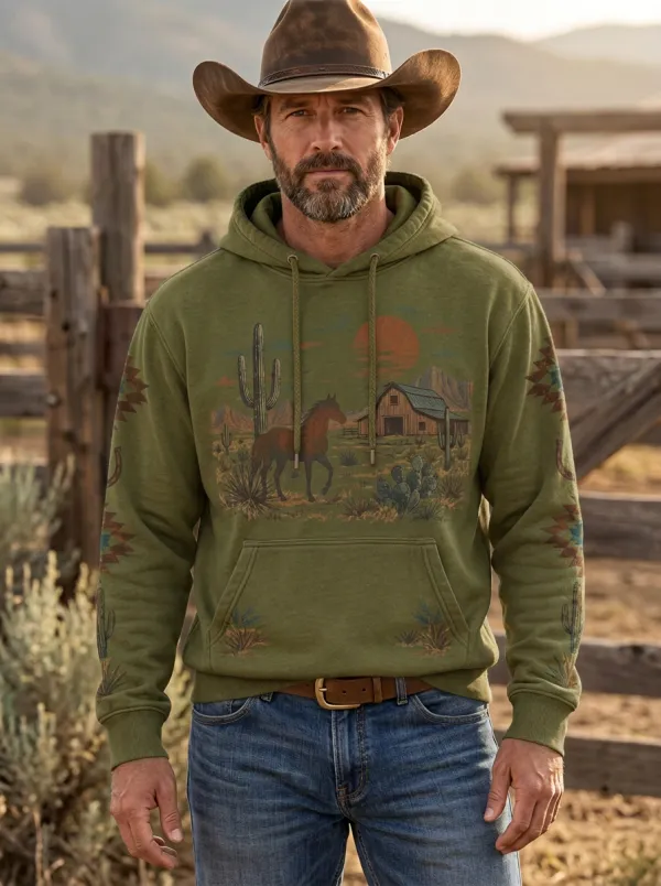 Men's Ranch Inspired Western Cowboy Horse Desert Graphic Hoodie