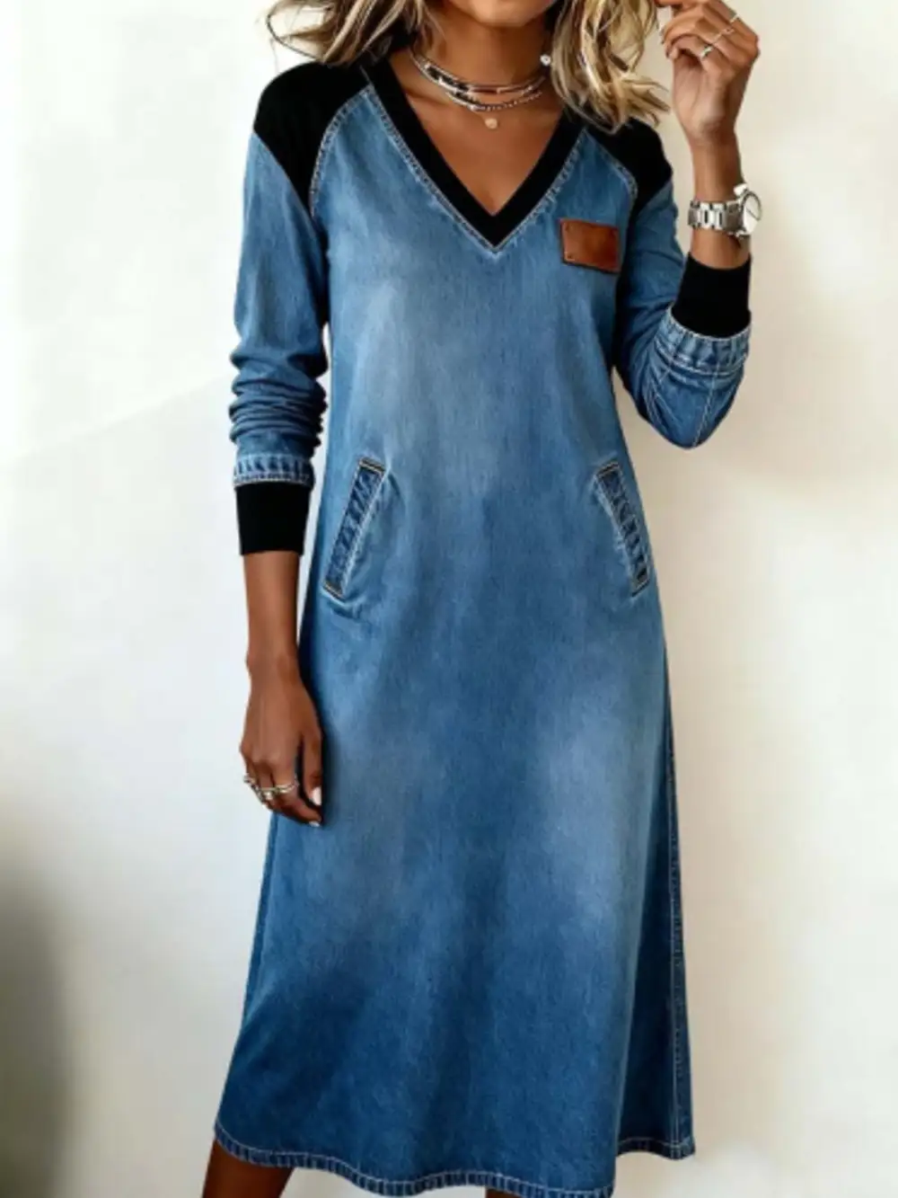 Contrast V-Neck Midi Dress