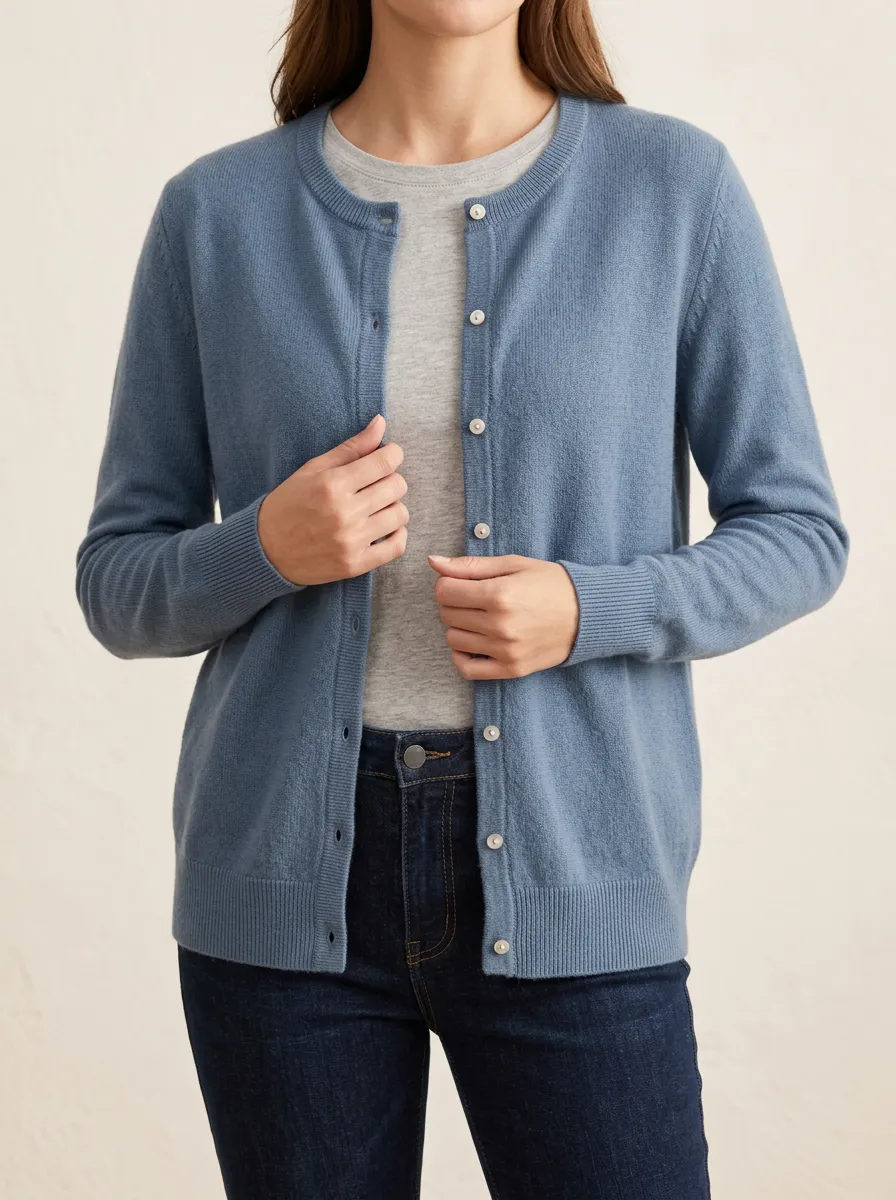Women's Refined Ribbed Knit Button Front Crew Neck Cardigan
