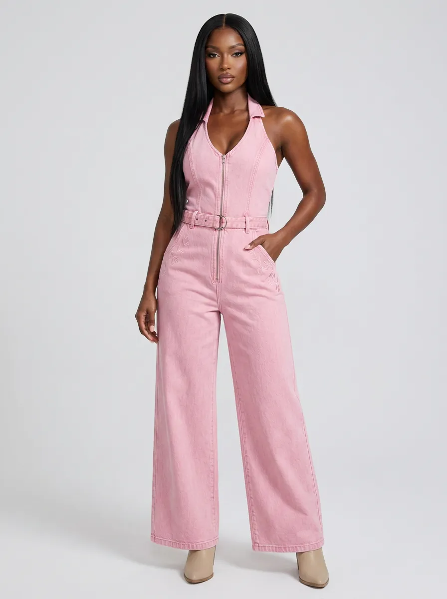 Pink Modern Embroidered Zip-Front Denim Jumpsuit