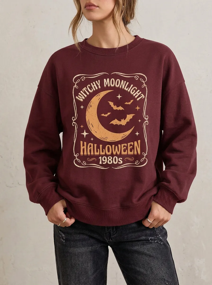 Women's Halloween Witchy Moonlight Bat 1980s Printed Sweatshirt