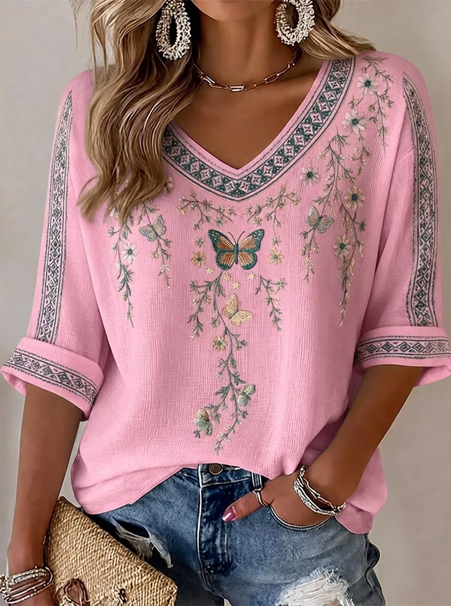 Women's Floral Butterfly Bohemian Printed Short Sleeve T-shirt