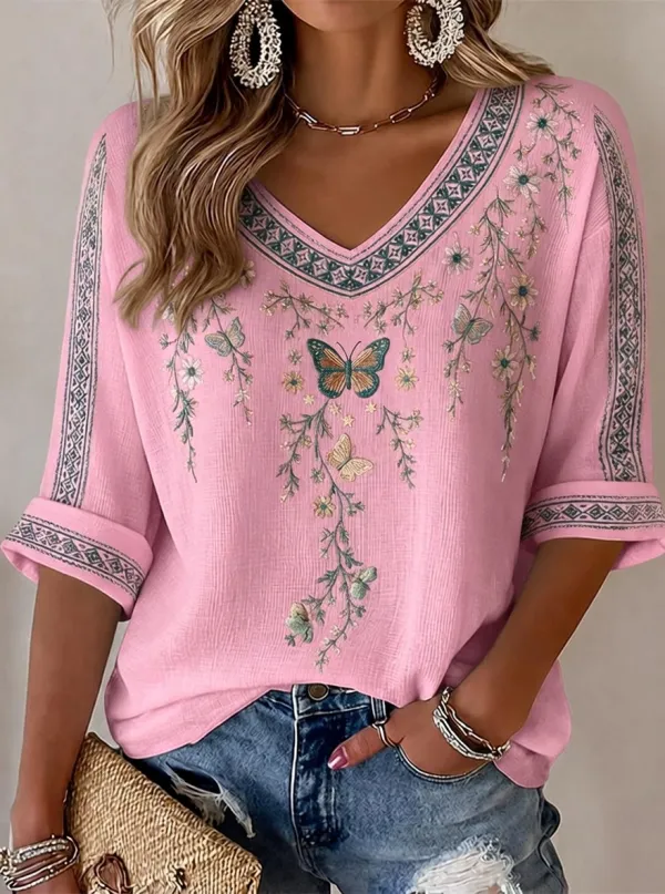 Women's Floral Butterfly Bohemian Printed Short Sleeve T-shirt