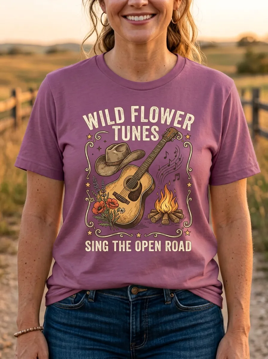 Guitar Cowboy-Hat Campfire Women's Country Music Crew-Neck T-Shirt