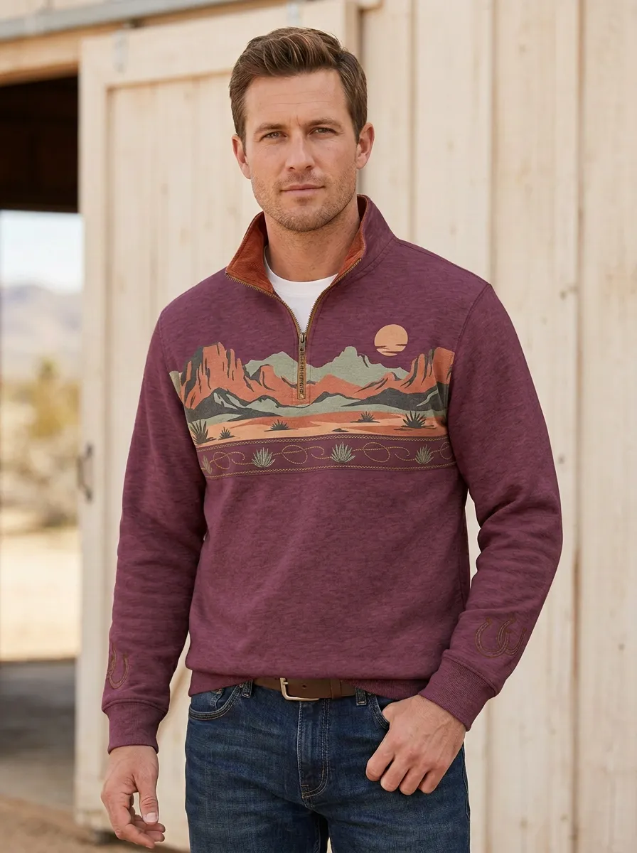 Men's Western Horseshoe Horse Desert Half-Zip Sweatshirt