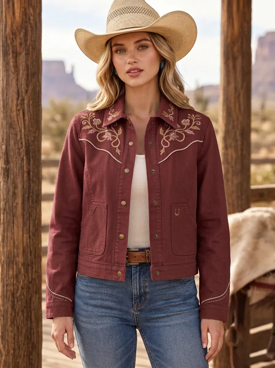 Women's Ranch Inspired Western Cowgirl Floral Embroidery Floral Embroidered Denim Jacket