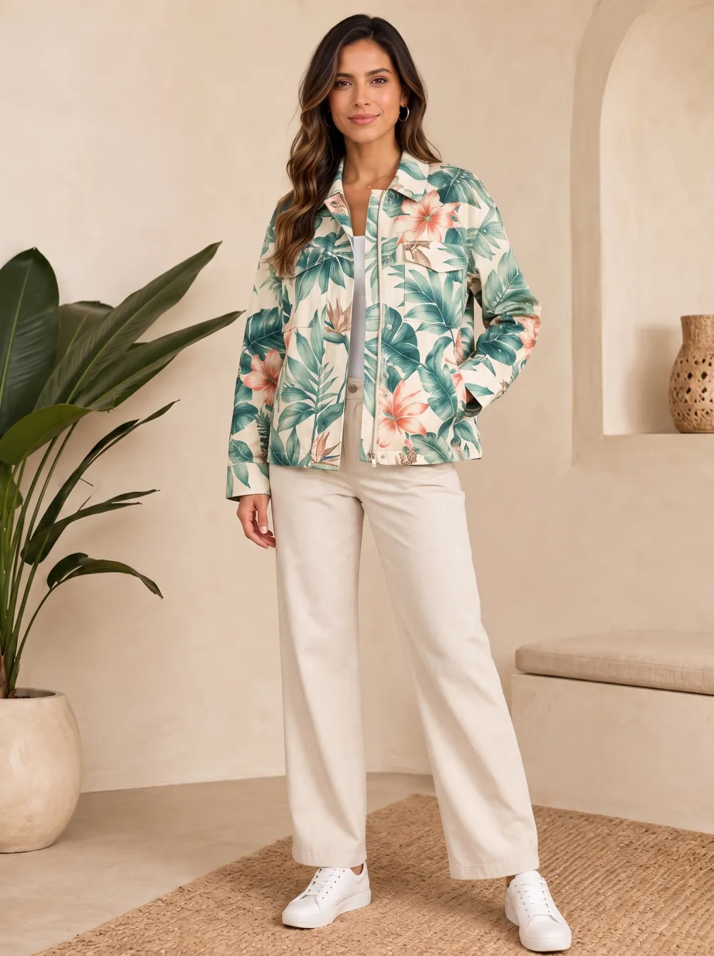 Women's Tropical Floral Leaf Utility Jacket