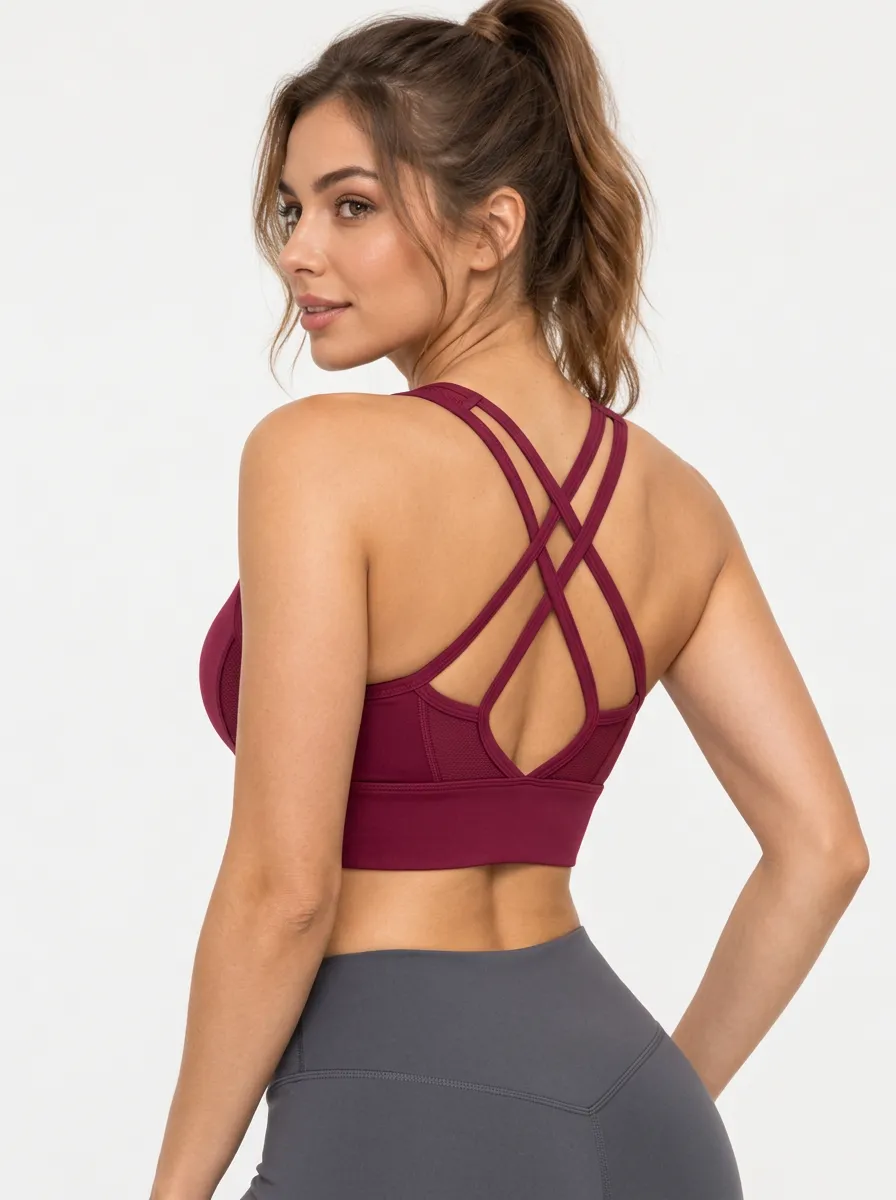 Women's Burgundy Crisscross Back Sports Bra