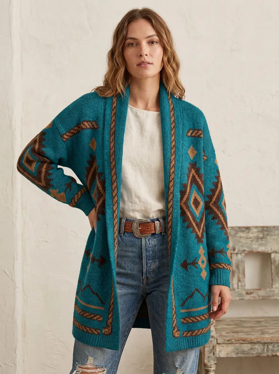 Women's Western Style Geometric Pattern Printed Cardigan
