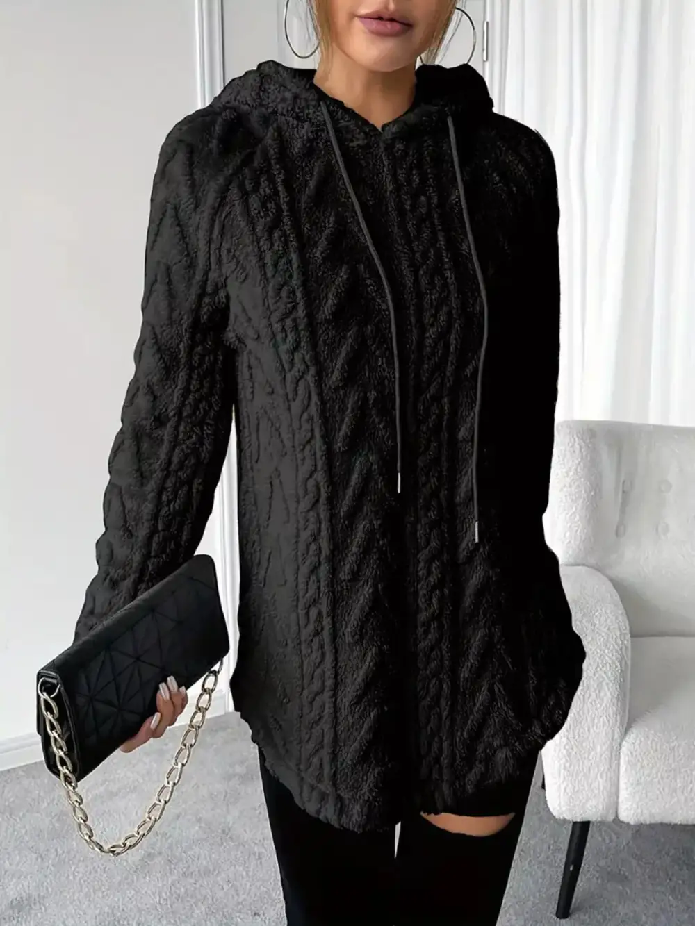 Drawstring Textured Fleece Hoodie