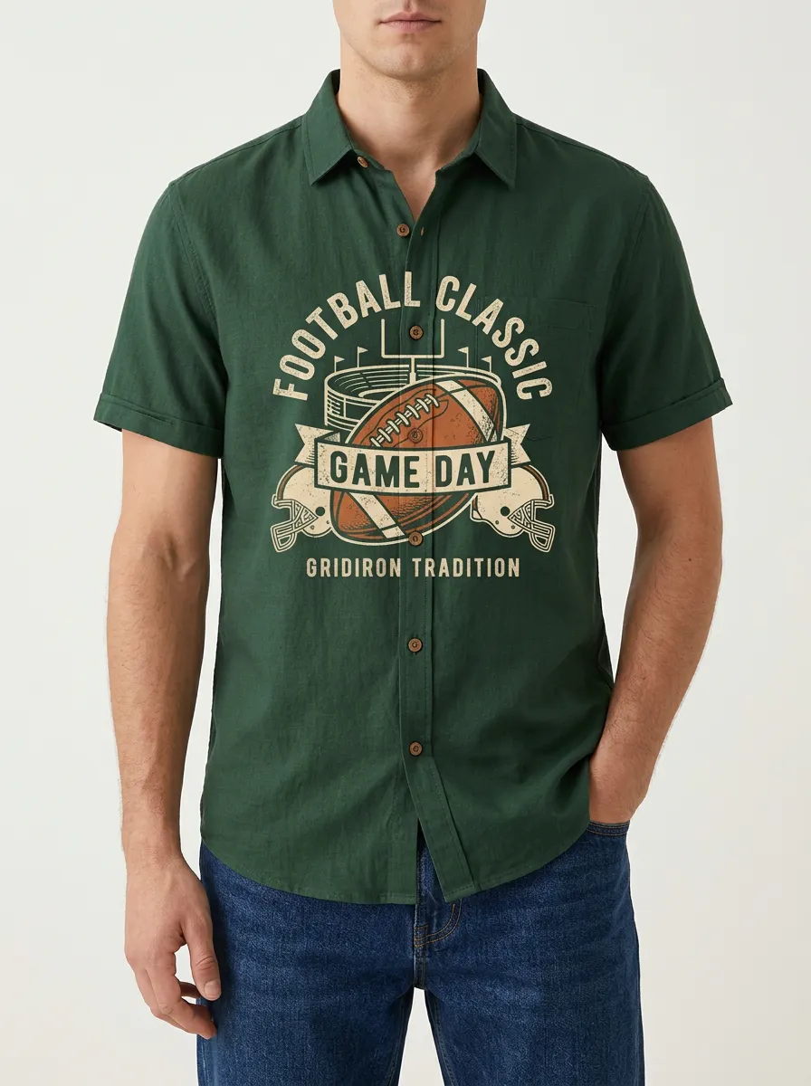 Men's Football Classic Game Day Gridiron Printed Button-up Shirt
