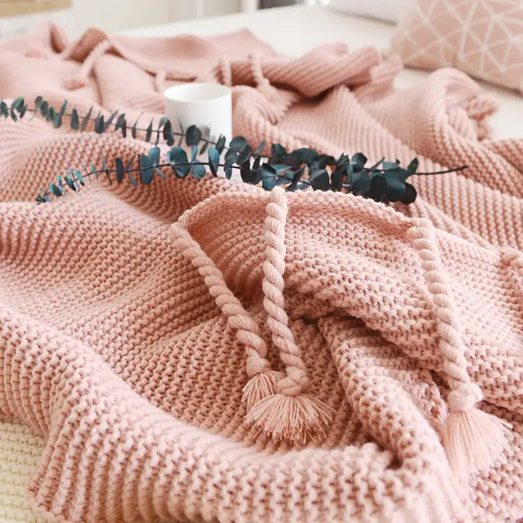 Tassel Waffle Knit Throw Blanket