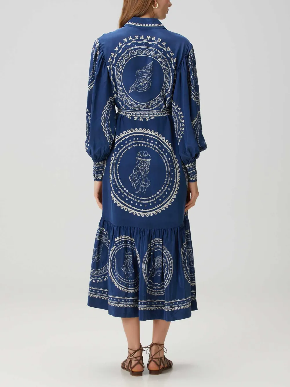 Ocean Print Lace Up Single Breasted Midi Dress