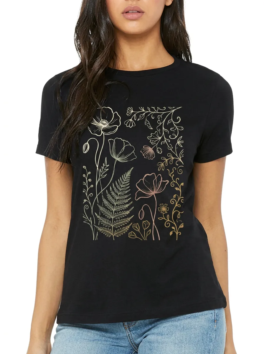 Women's Botanical Nature Lover Wildflower Fern Printed T-shirt
