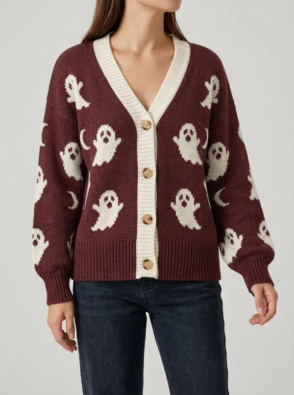 Women's Halloween Ghost Moon Pattern Knitted Cardigan
