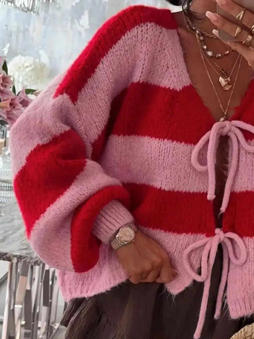 Tie-Front Knit Striped Cardigan