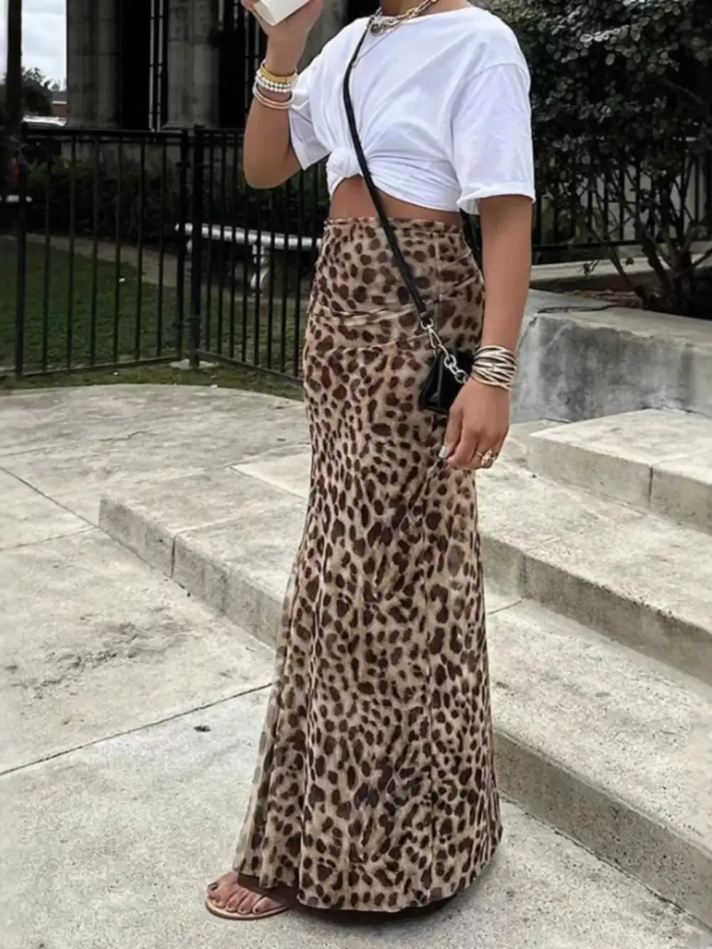 Sequin Leopard Print High Rise Maxi Skirt
