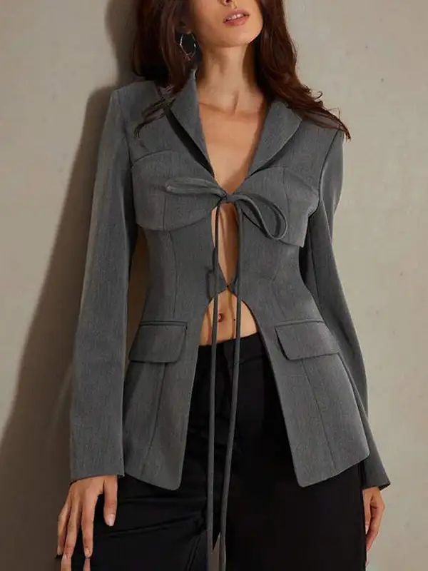 Long Sleeve Relaxed Pocket Solid Color Tie Waist Blazer