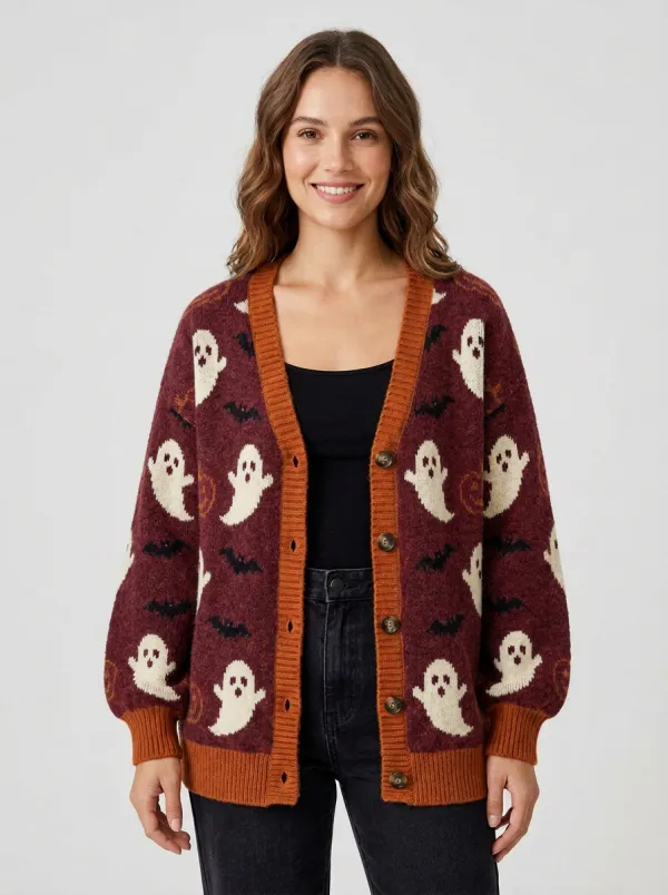 Women's Halloween Ghost Pumpkin Bat Pattern Knitted Cardigan