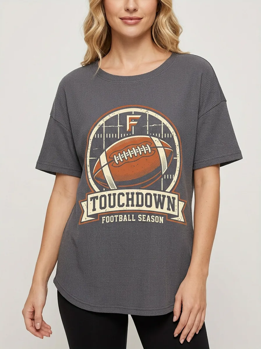 Women's Football Fan Touchdown Graphic Printed Waffle T-Shirt