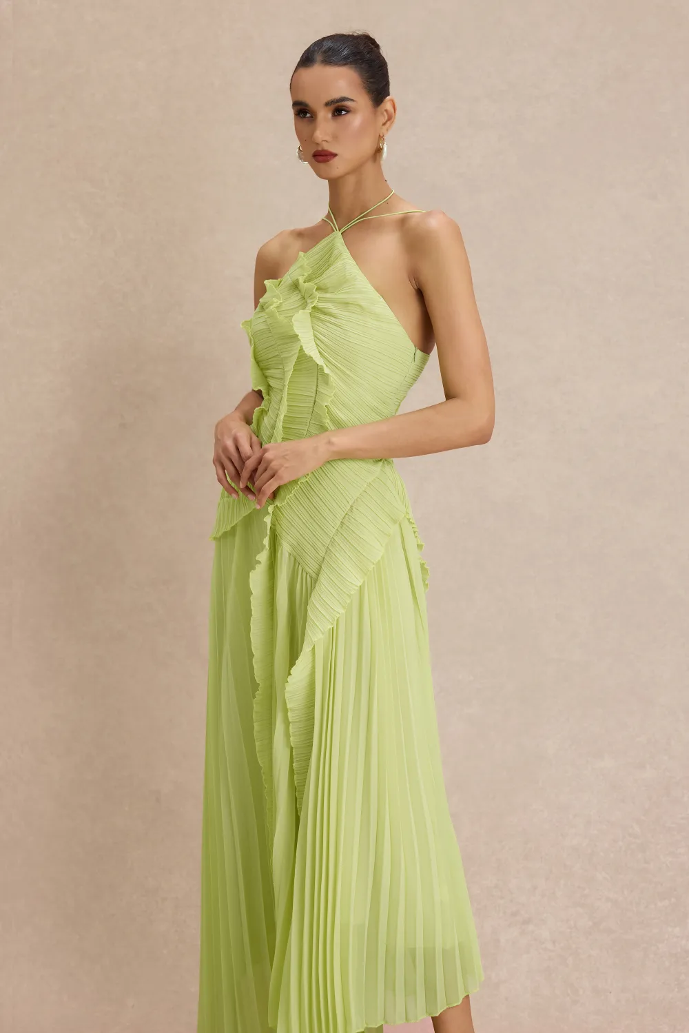 Pleated Frill Halter Neck Midi Dress