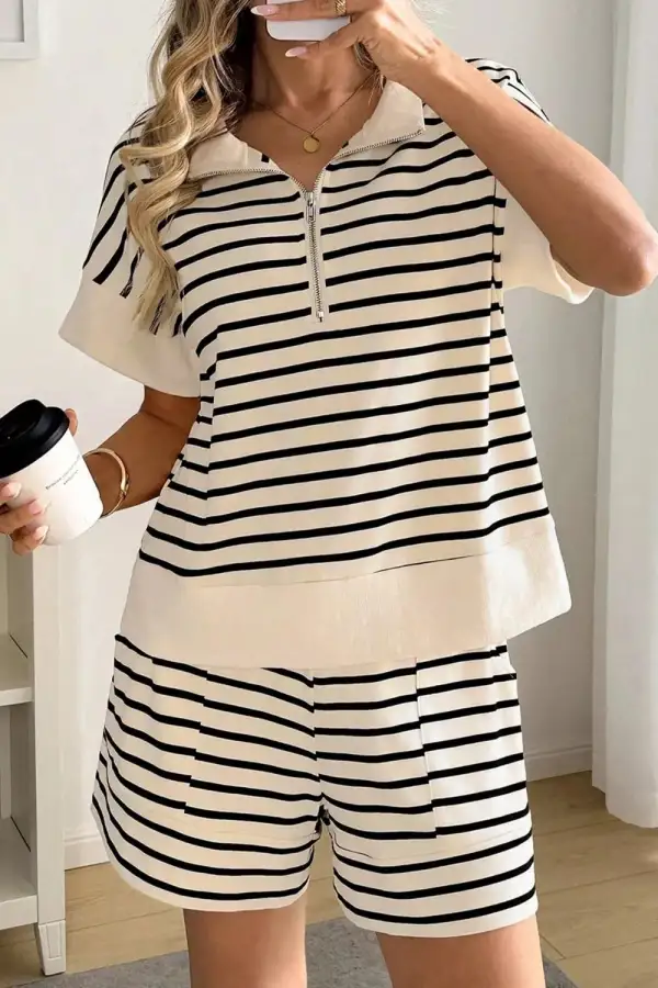 Striped Half Zip Top Shorts Set