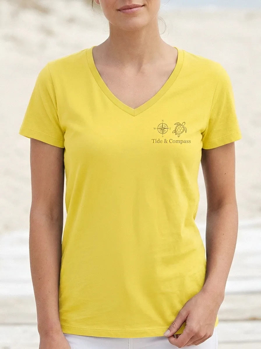 Women's Nautical Sea Turtle Compass Printed V-neck T-shirt