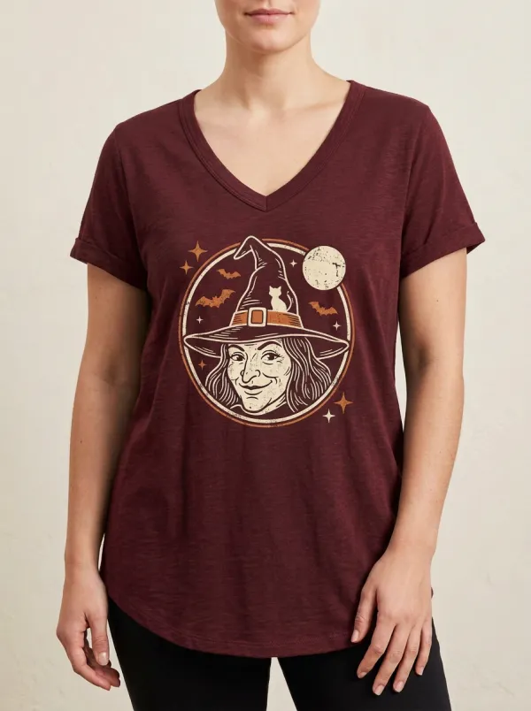 Women's Halloween Witch Moon Cat Printed V-neck T-shirt