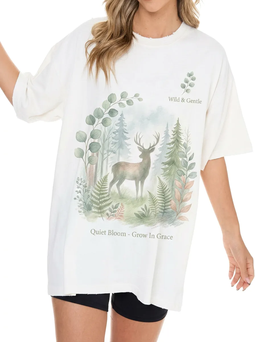 Women's Nature Lover Deer Forest Watercolor Printed T-shirt