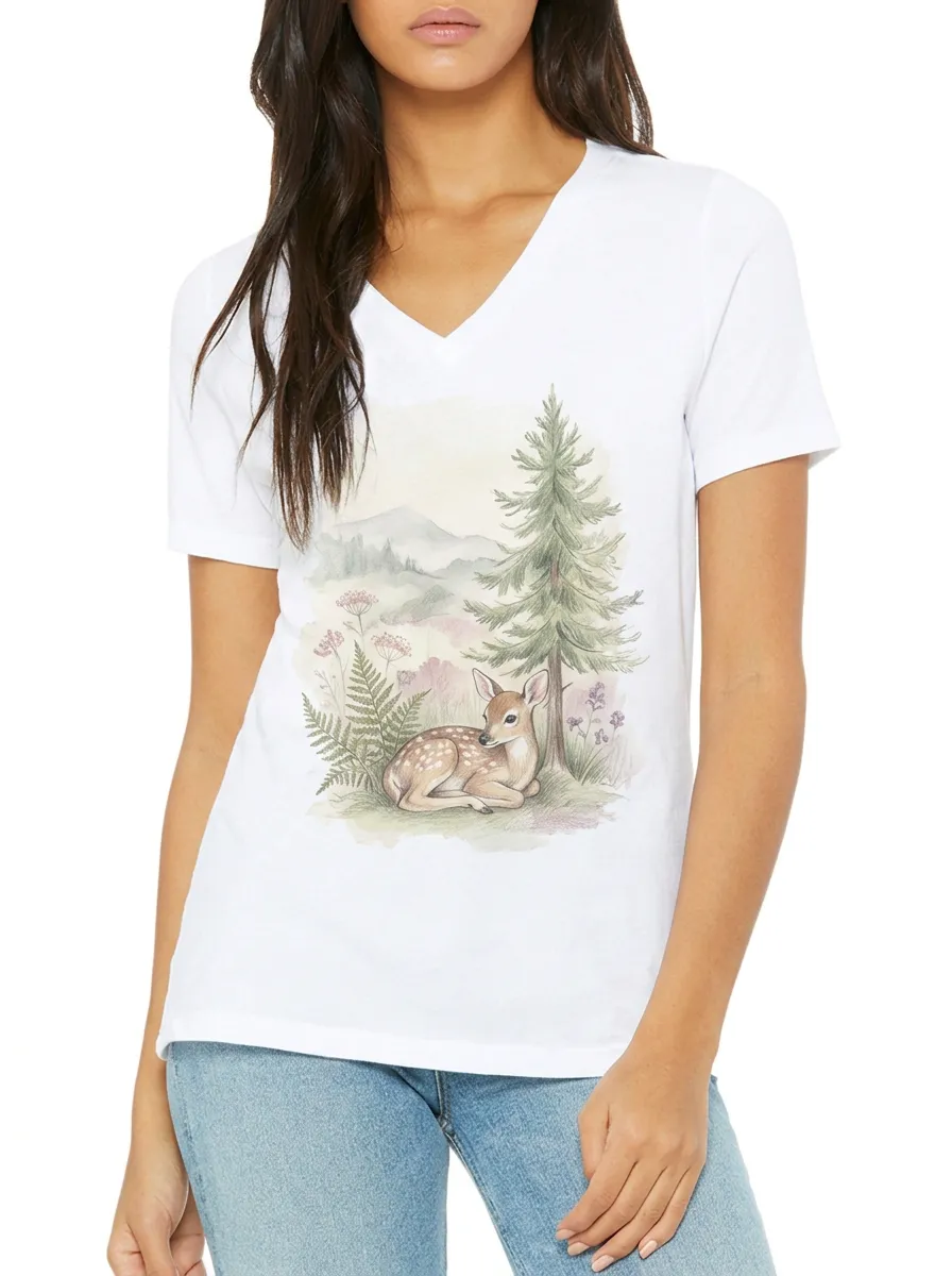 Women's Nature Lover Forest Fawn Printed V-neck T-shirt