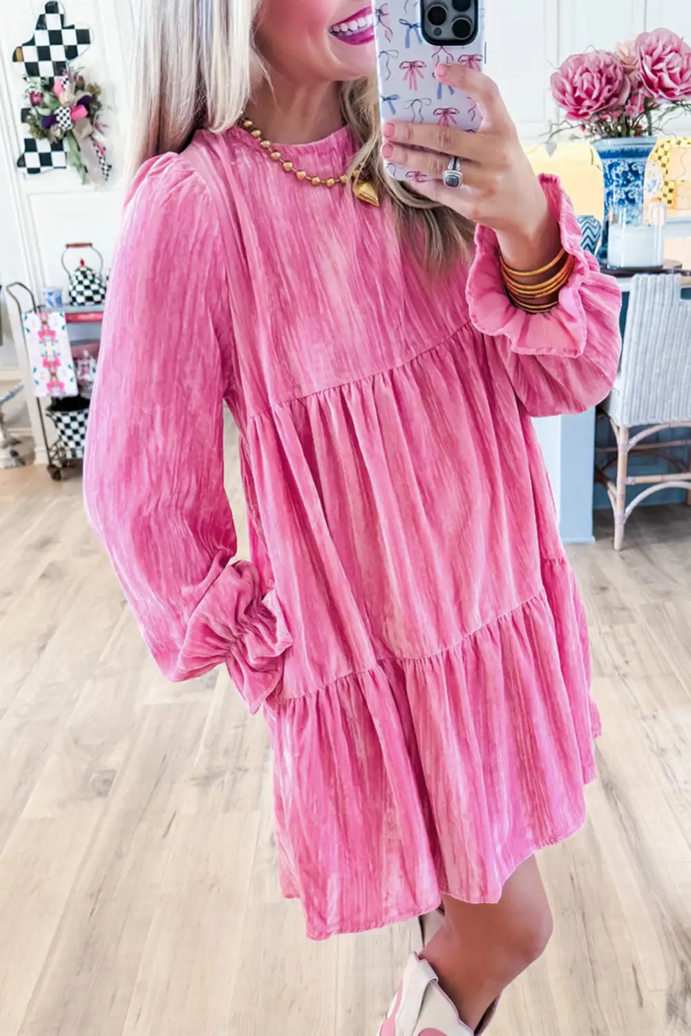 Relaxed Ruffle Trim Tiered Tie Detail Mini Dress