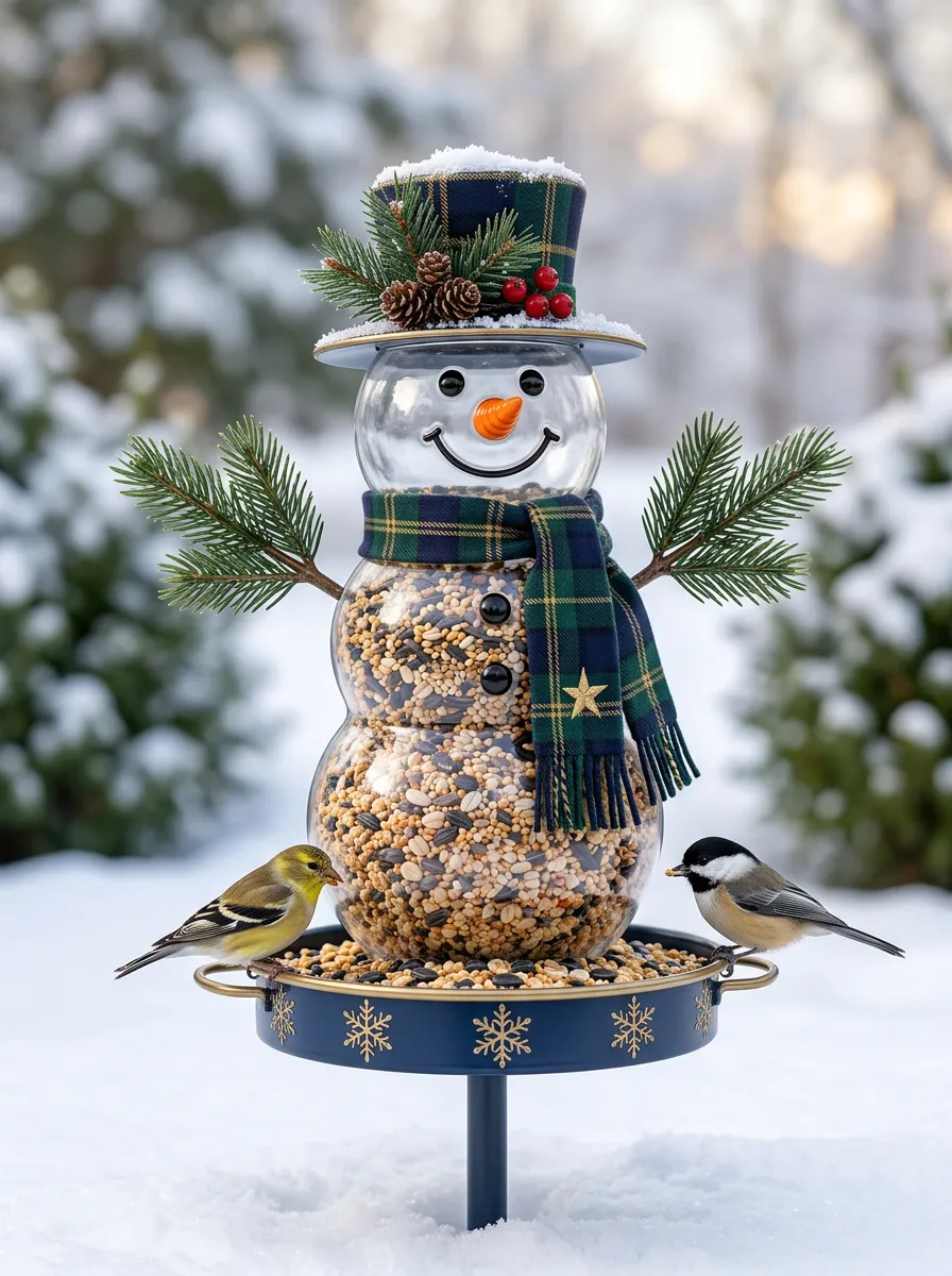 Winter Snowman Plaid Scarf Christmas Bird Feeder