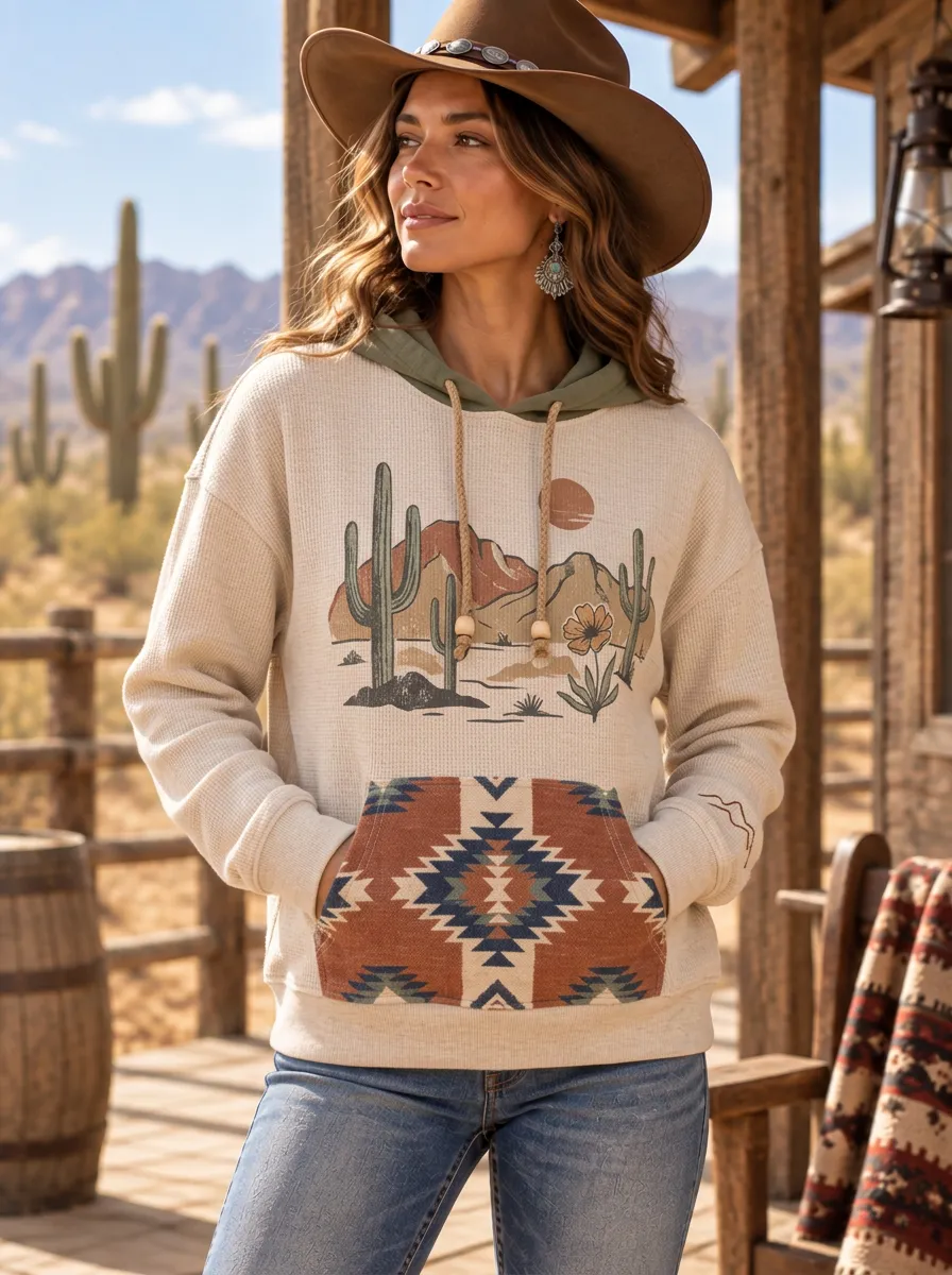 Women's Western Beige Desert Graphic Waffle-Knit Hoodie