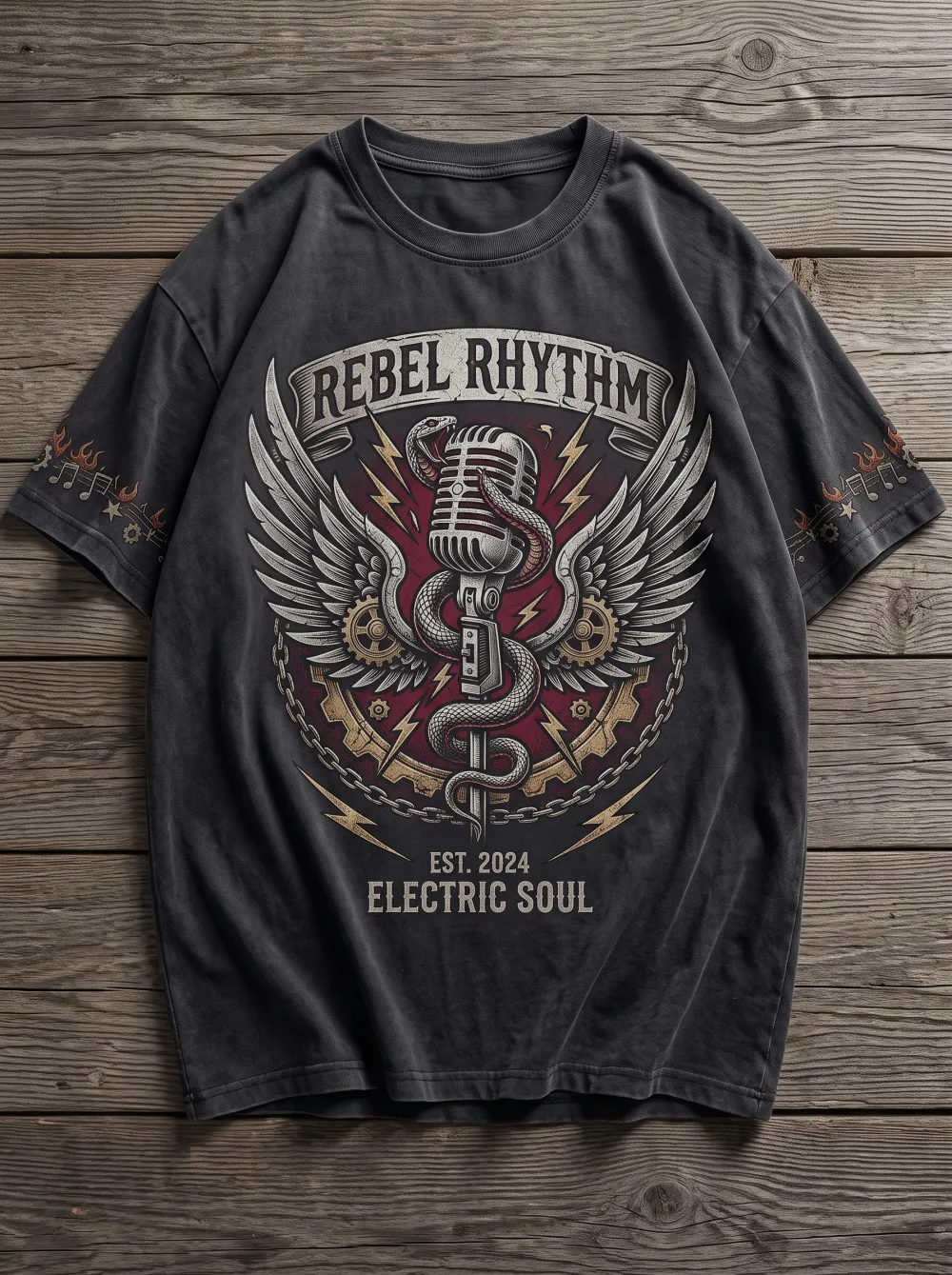 Unisex Rock Music Lover Snake Microphone Wings Printed T-shirt