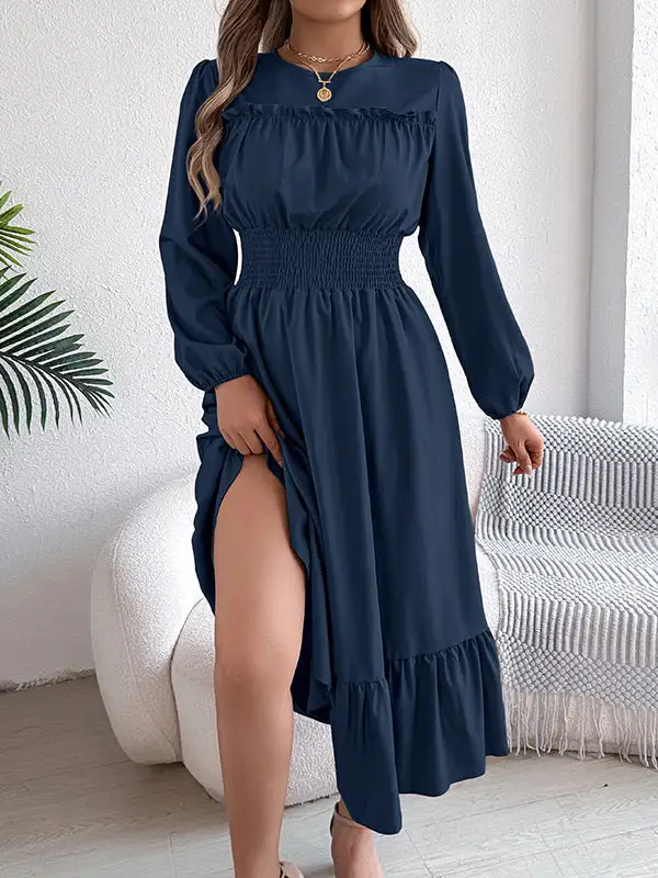 Elasticated Pleated Neck Maxi Dress