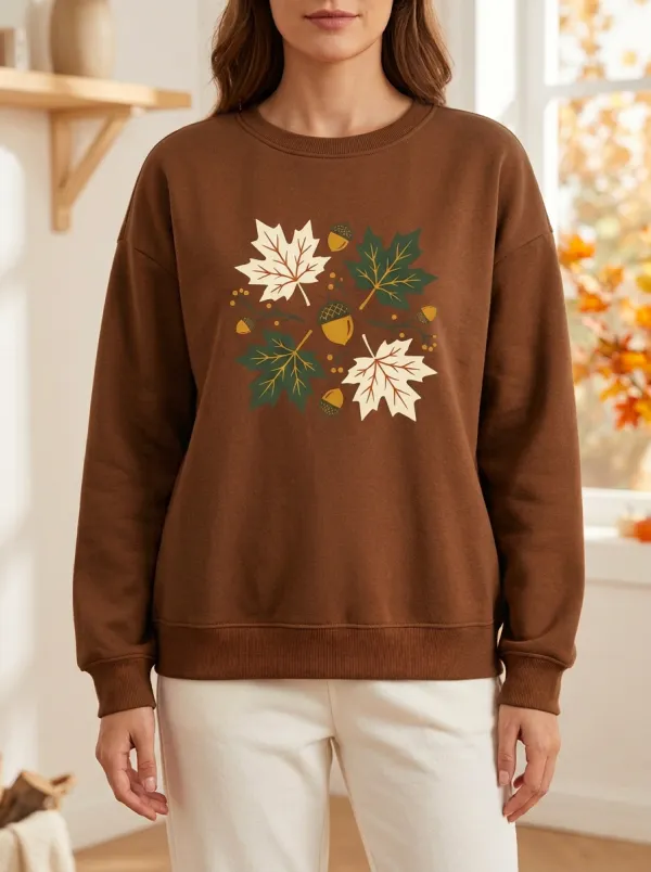 Autumnal Maple-Leaf Printed Acorn Graphic Sweatshirt