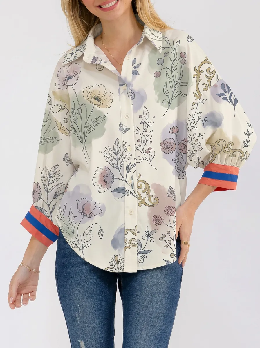 Women's Botanical Floral Butterfly Printed Button-Up Shirt