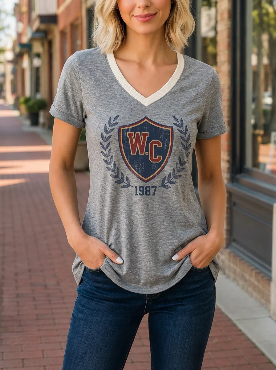 Women's College Style WC 1987 Shield Laurel Printed V-neck T-shirt