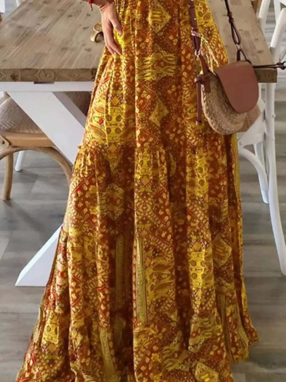 Tiered V-Neck Printed Maxi Dress
