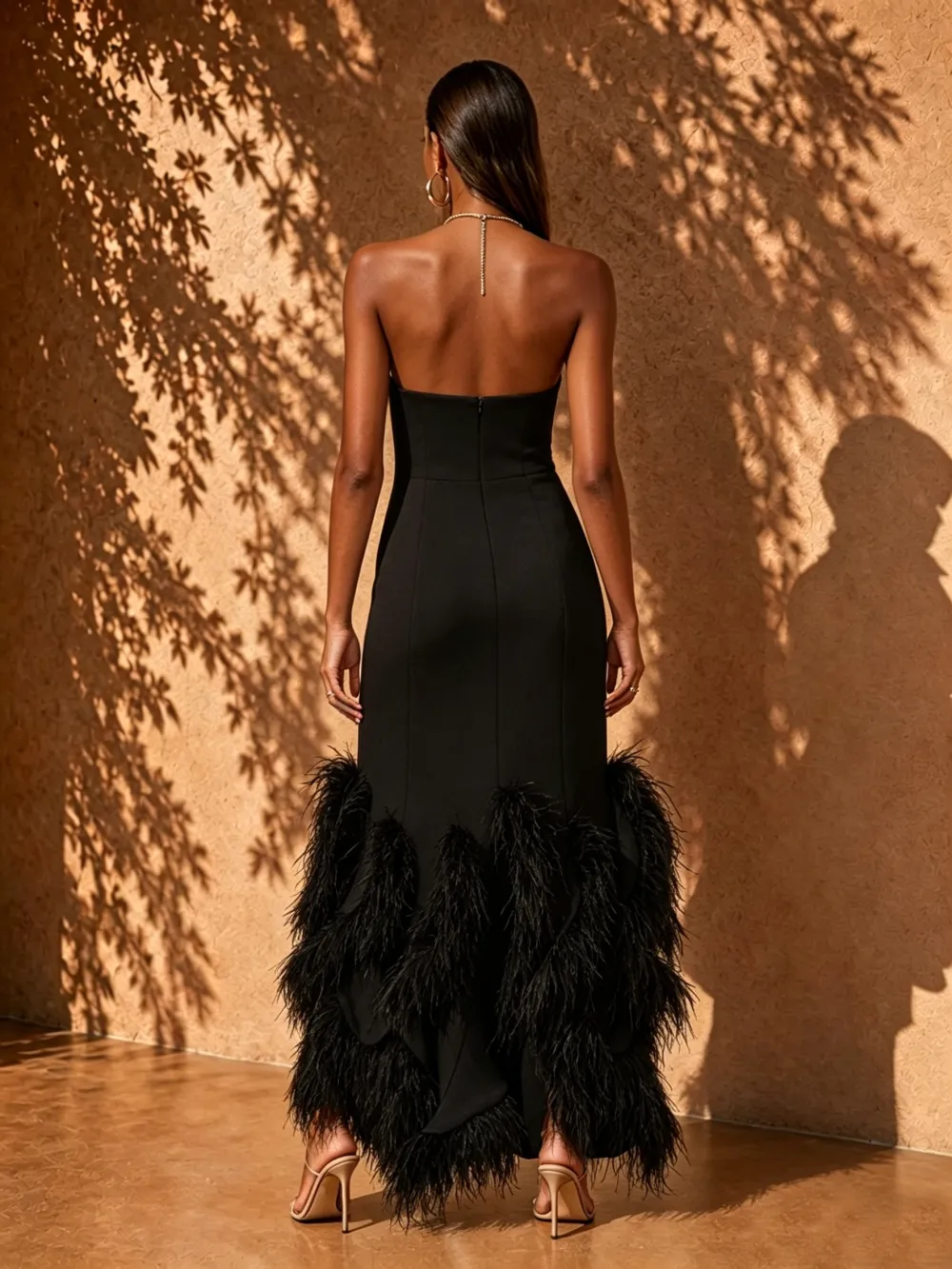 Noemi Black V-Neck Feather Slim Fit Maxi Dress