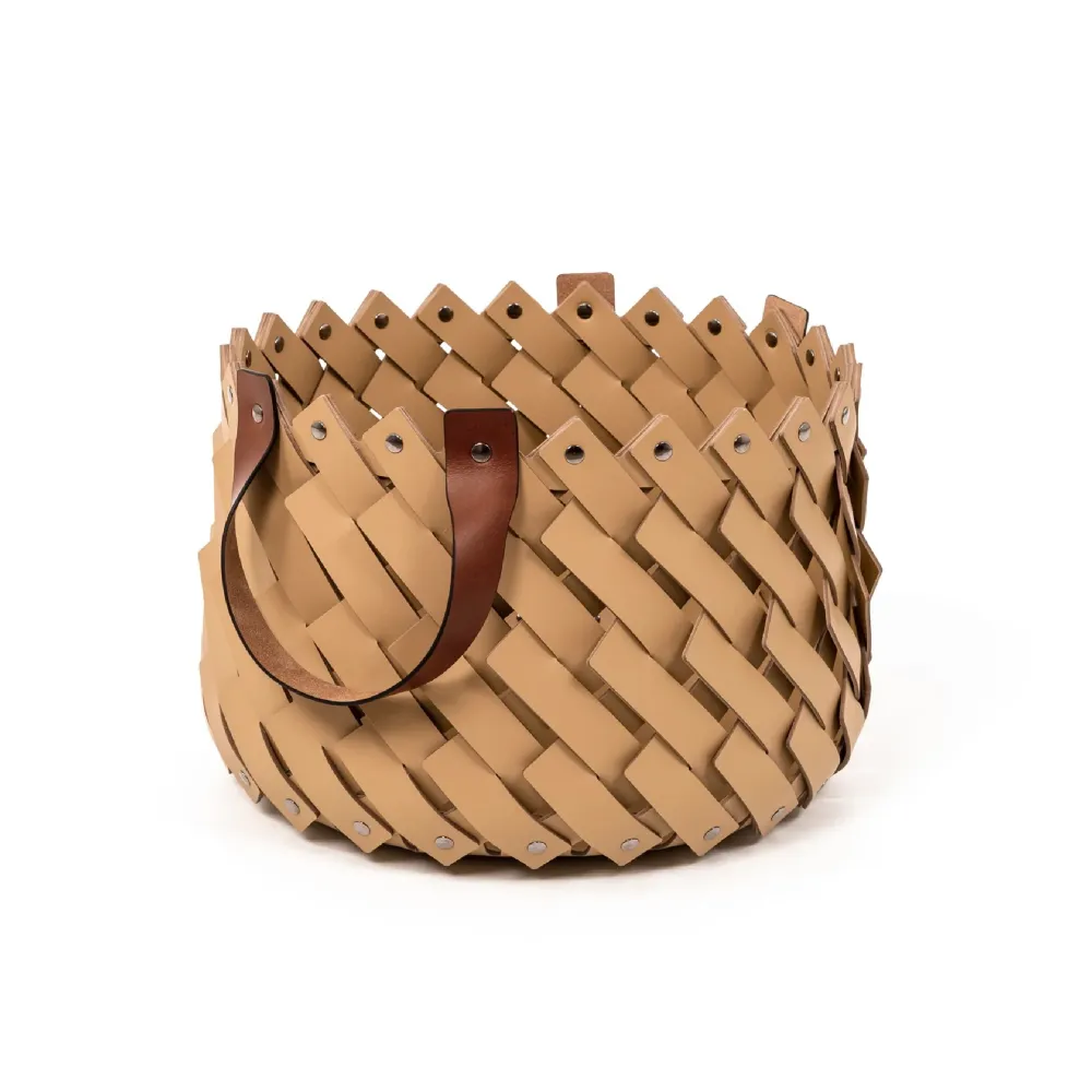 Sculptural Leather Strips Basket with Handles