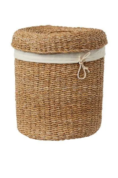 Lidded Woven Seagrass Cotton Laundry Basket