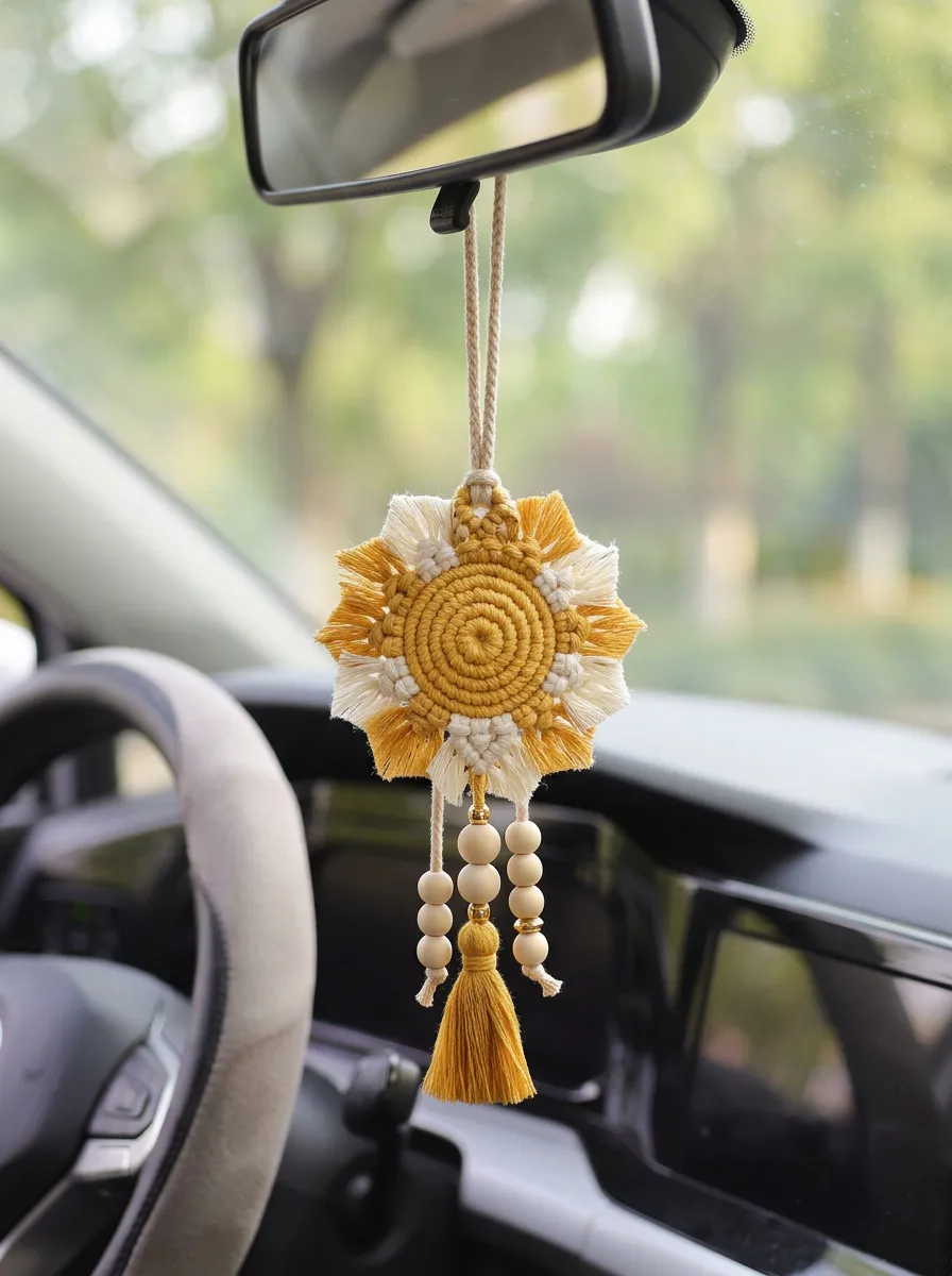 Macrame Sunflower Rearview Mirror Hanging Ornament