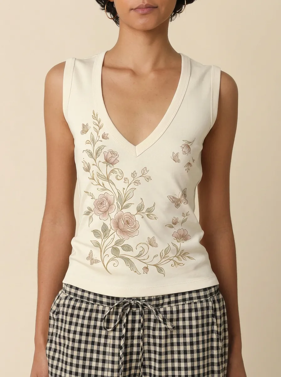 Women's Floral Butterfly Aesthetic Printed V-neck Tank Top