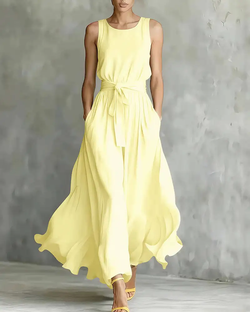 Sleeveless Tie-Waist Flowy Maxi Dress