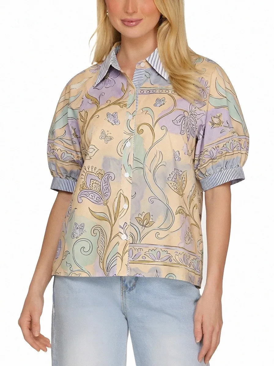 Women's Floral Butterfly Botanical Printed Puff Sleeve Shirt