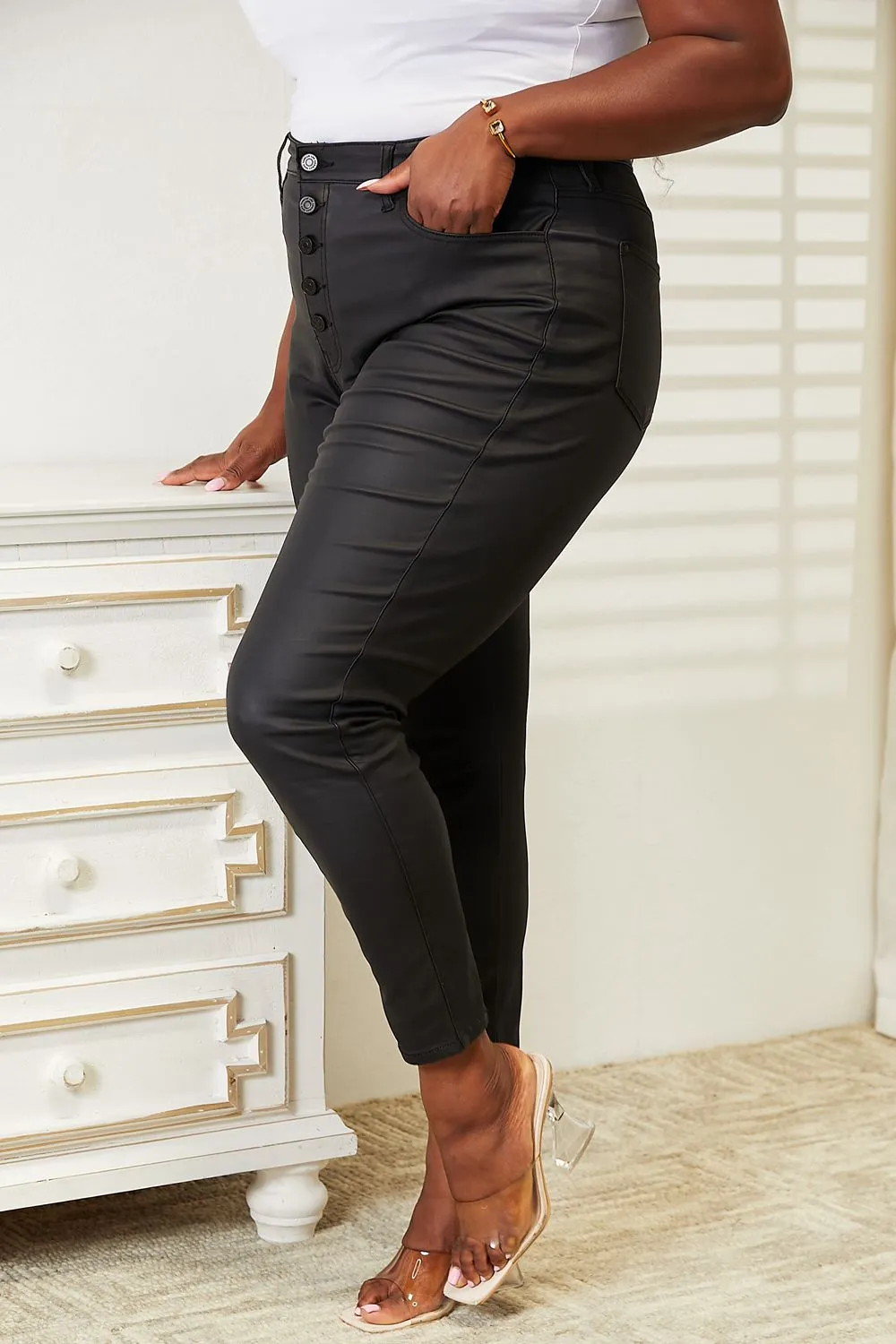 High Rise Coated Ankle Skinny Denim Jeans
