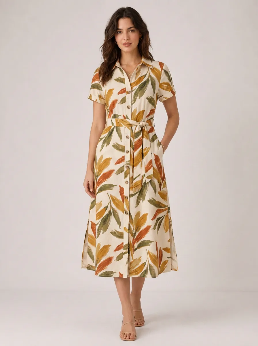 Women's Botanical Nature Lover Abstract Leaf Printed Shirt Dress